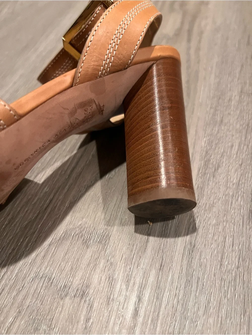 Veronica Beard Tan Leather Ankle-Strap Block Heels